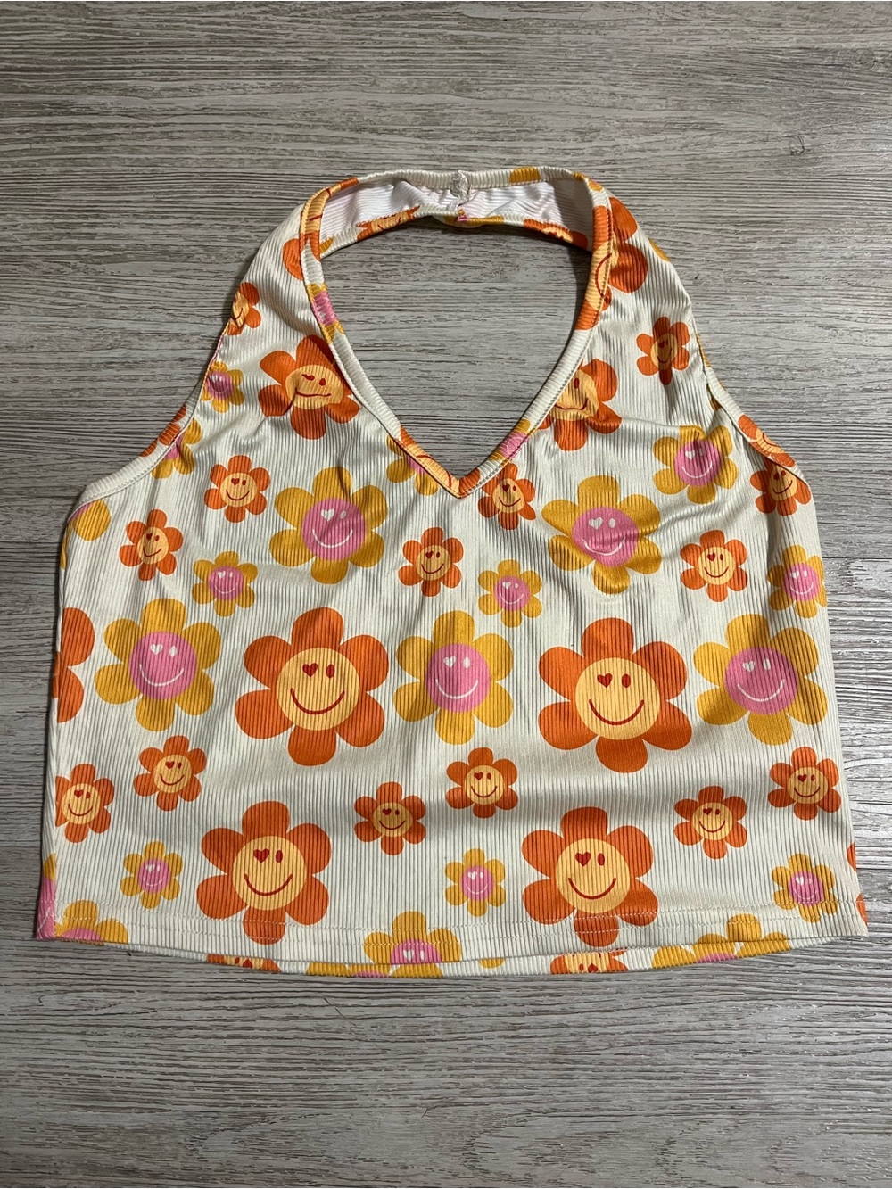 Romwe Halter Cropped Top Smily Face Flower Hippy Summer Trippy Women’s Large